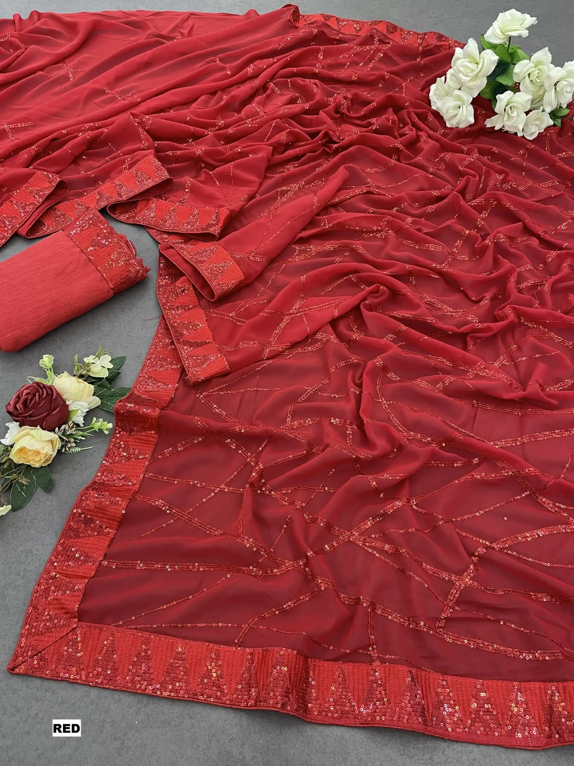 DF 3397 Red Color Georgette Sequins Embroidery Work Saree Casual, Party Wear, Wedding, Events Etc Delivery Expected.4-6 Working Days 1799/- | Designer Sarees, Embroidered Sarees, Sarees, Bollywood Sarees, Creative Sarees, Ethnic Saree, Modern Digital sarees, Party Wear Sarees