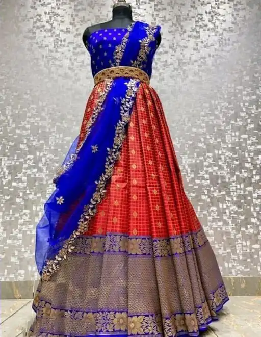 SC Mohini Red  Color Kanjivaram Silk Zari Design Half Saree , Party Wear, Events, Festivals Expected Delivery 4-6 Working Days 1749/- | Lehenga, Bollywood Lehenga, Creative Lehenga, Designer Lehenga, Embroidered Lehenga, Party Wear Lehenga