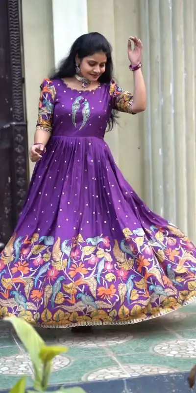 PC 307 Violet Color Chant Crepe Kalamkari Printed Gown Casual, Party Wear, Events, Festivals Wear Etc. Expected Delivery 4-6 Working Days @1899/- | Gowns, Bollywood Gowns, Creative Gowns, Designer Gowns, Embroidered Gowns, Party Wear Gowns