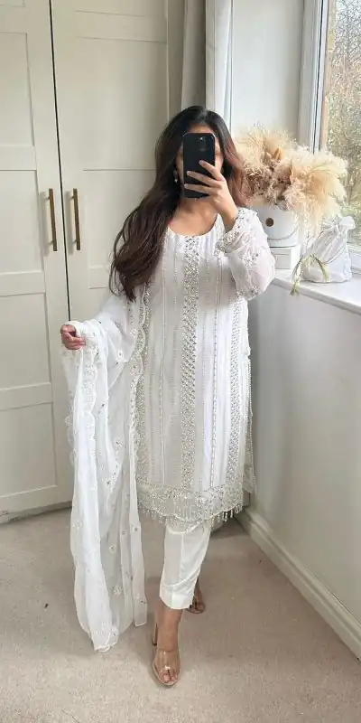 NF 1198 White color Faux Georgette Embroidery Salwar Suit Casual, Wedding, Party, Festive, Events . Expected Delivery  4-6 Working Days @2199 | Jump Suits, Salwar suit, Casual Suits, Creative suits, Designer Suits, Palazzo Suits, Party Wear Suits, Patiala Suits, Straight Suits