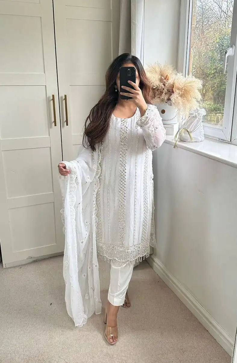 NF 1198 White color Faux Georgette Embroidery Salwar Suit Casual, Wedding, Party, Festive, Events . Expected Delivery  4-6 Working Days @2199 | Jump Suits, Salwar suit, Casual Suits, Creative suits, Designer Suits, Palazzo Suits, Party Wear Suits, Patiala Suits, Straight Suits