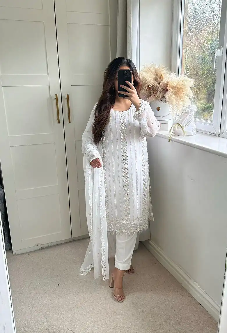 NF 1198 White color Faux Georgette Embroidery Salwar Suit Casual, Wedding, Party, Festive, Events . Expected Delivery  4-6 Working Days @2199 | Jump Suits, Salwar suit, Casual Suits, Creative suits, Designer Suits, Palazzo Suits, Party Wear Suits, Patiala Suits, Straight Suits