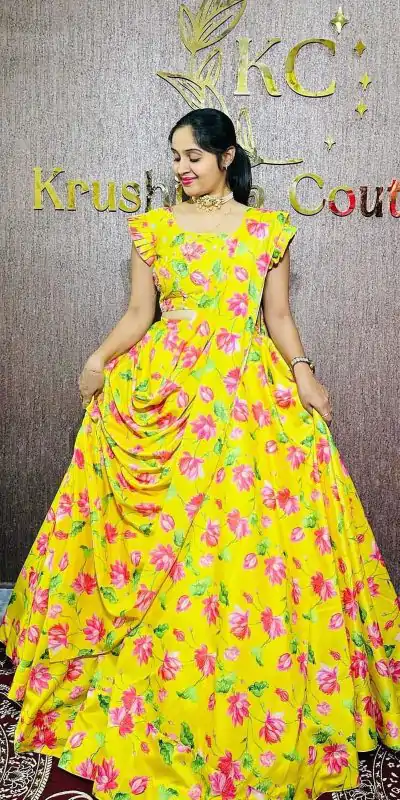 PC 384 Yellow Color Chinon Digital Printed Work Gown Casual, Party Wear, Events, Festivals Wear Expected Delivery 4-6 Working Days @2029/- | Gowns, Bollywood Gowns, Creative Gowns, Designer Gowns, Embroidered Gowns, Party Wear Gowns