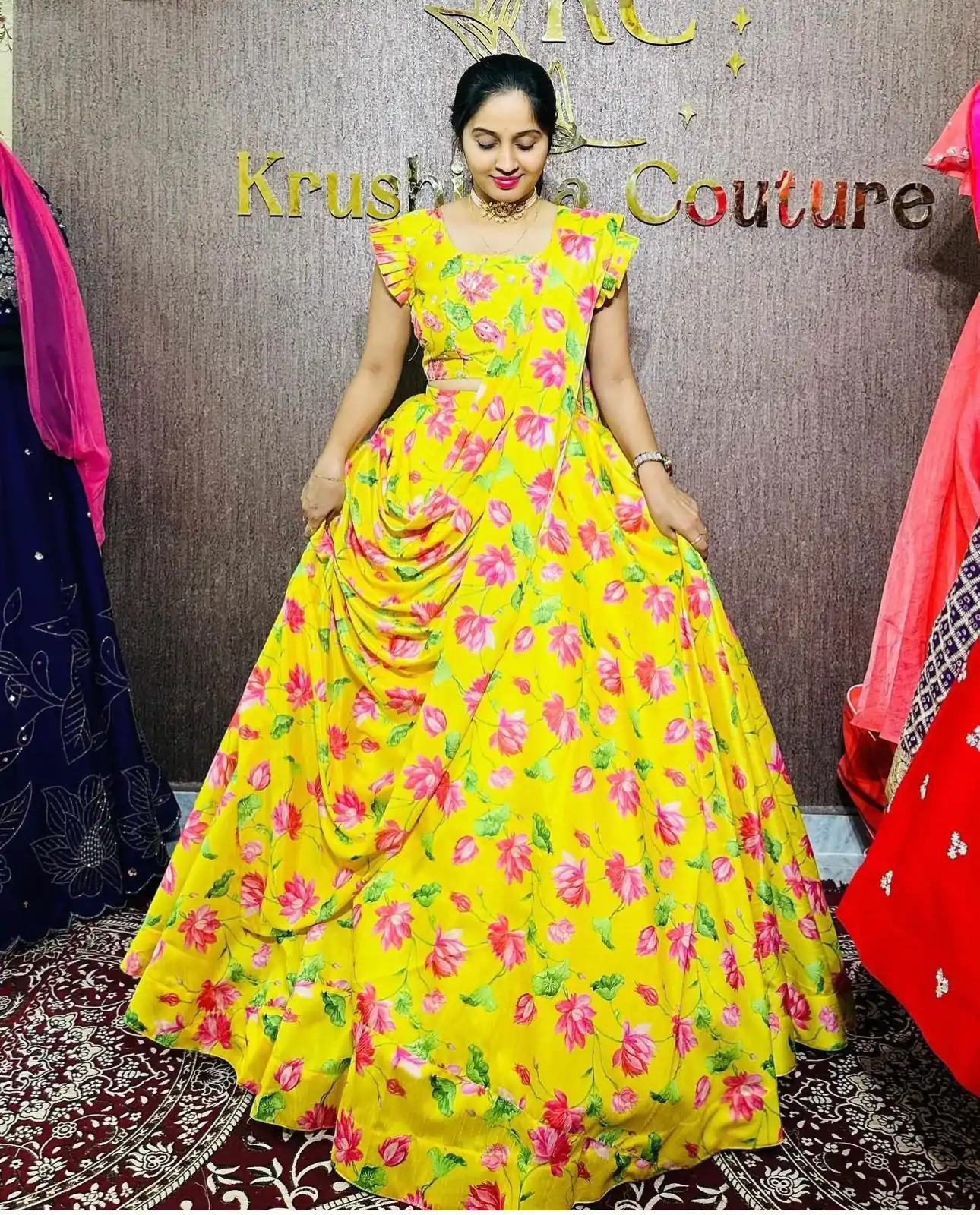 PC 384 Yellow Color Chinon Digital Printed Work Gown Casual, Party Wear, Events, Festivals Wear Expected Delivery 4-6 Working Days @2029/- | Gowns, Bollywood Gowns, Creative Gowns, Designer Gowns, Embroidered Gowns, Party Wear Gowns