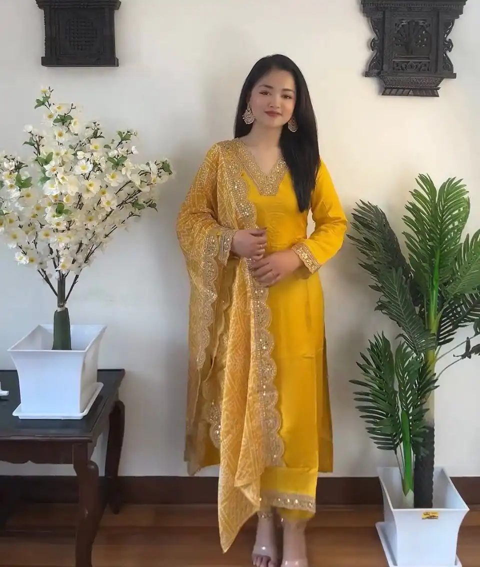 VLM 172 Yellow Color Rayon Embroidery Work Salwar Suit Wedding, Party, Festive, Events Etc.  Expected Delivery 4-6 Working Days @1799/-Only | Casual Suits, Salwar suit, Creative suits, Designer Suits, Palazzo Suits, Party Wear Suits, Straight Suits