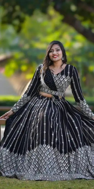 Ram 001 Black Color Georgette Sequence Thread Work With Zari Lehenga Choli Casual, Wedding, Festive, Events Expected Delivery 4-6 Working Days @2949/- | Lehenga, Bollywood Lehenga, Creative Lehenga, Designer Lehenga, Embroidered Lehenga, Party Wear Lehenga