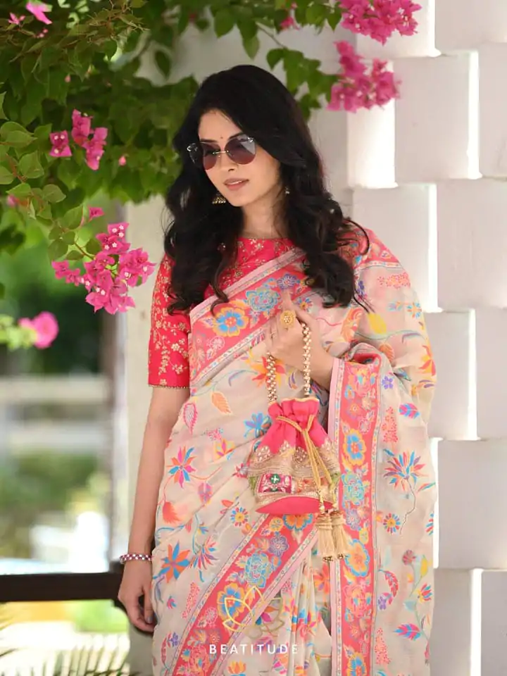 DDF 501 Cream Color Kashmiri Running Thread Zari Work Saree Casual, Party Wear, Events, Festivals Etc. Expected Delivery 4-6 Working Days 2399/- | Designer Sarees, Sarees, Bollywood Sarees, Creative Sarees, Embroidered Sarees, Ethnic Saree, Modern Digital sarees, Party Wear Sarees