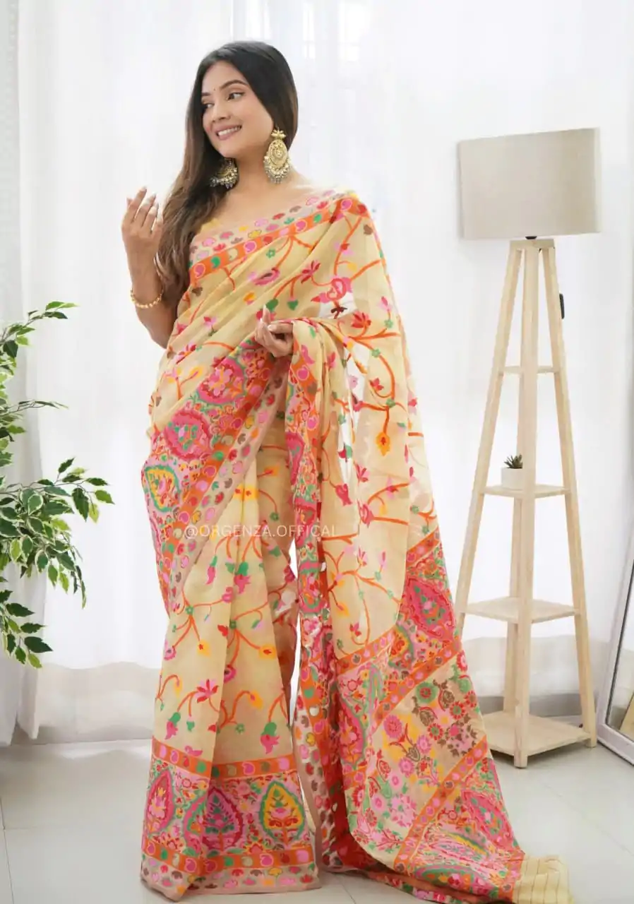 DDF 503 Cream Color Kashmiri Running Thread Zari Work Saree Casual, Party Wear, Events, Festivals Etc. Expected Delivery 4-6 Working Days 2099/- | Designer Sarees, Sarees, Bollywood Sarees, Creative Sarees, Embroidered Sarees, Ethnic Saree, Modern Digital sarees, Party Wear Sarees