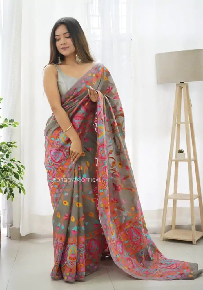 DDF 503 Grey Color Kashmiri Running Thread Zari Work Saree Casual, Party Wear, Events, Festivals Etc. Expected Delivery 4-6 Working Days 2099/- | Designer Sarees, Sarees, Bollywood Sarees, Creative Sarees, Embroidered Sarees, Ethnic Saree, Modern Digital sarees, Party Wear Sarees