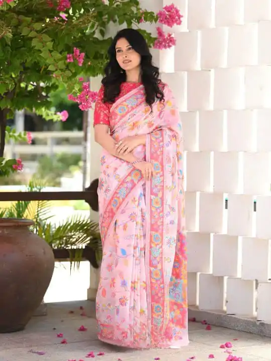 DDF 501 Pink Color Kashmiri Running Thread Zari Work Saree Casual, Party Wear, Events, Festivals Etc. Expected Delivery 4-6 Working Days 2399/- | Designer Sarees, Sarees, Bollywood Sarees, Creative Sarees, Embroidered Sarees, Ethnic Saree, Modern Digital sarees, Party Wear Sarees