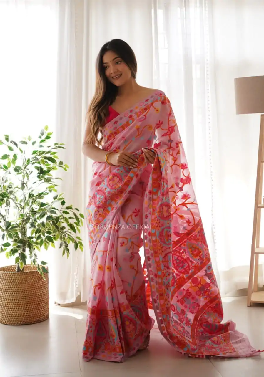 DDF 503 Pink Color Kashmiri Running Thread Zari Work Saree Casual, Party Wear, Events, Festivals Etc. Expected Delivery 4-6 Working Days 2099/- | Designer Sarees, Sarees, Bollywood Sarees, Creative Sarees, Embroidered Sarees, Ethnic Saree, Modern Digital sarees, Party Wear Sarees