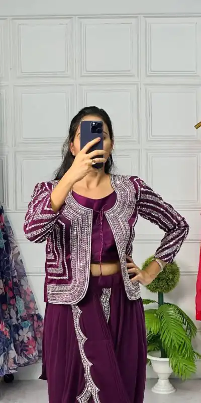 ST 1010 Purple Color Georgette Koti Embroidery Lehenga Saree Casual, Wedding, Party, Festive, Events Etc. Expected Delivery 4-6 Working Days @1099/- | Designer Sarees, Sarees, Bollywood Sarees, Creative Sarees, Embroidered Sarees, Ethnic Saree, Modern Digital sarees, Party Wear Sarees