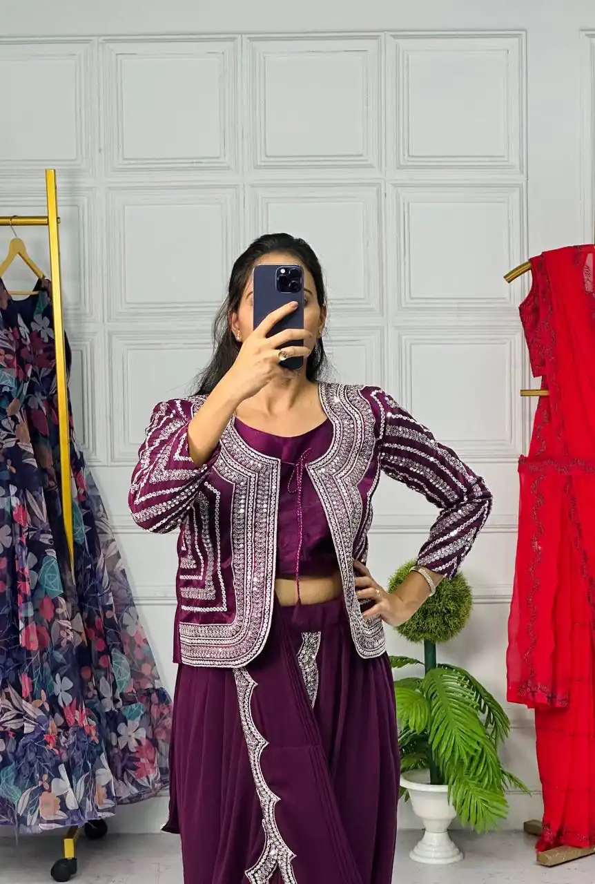 ST 1010 Purple Color Georgette Koti Embroidery Lehenga Saree Casual, Wedding, Party, Festive, Events Etc. Expected Delivery 4-6 Working Days @1099/- | Designer Sarees, Sarees, Bollywood Sarees, Creative Sarees, Embroidered Sarees, Ethnic Saree, Modern Digital sarees, Party Wear Sarees