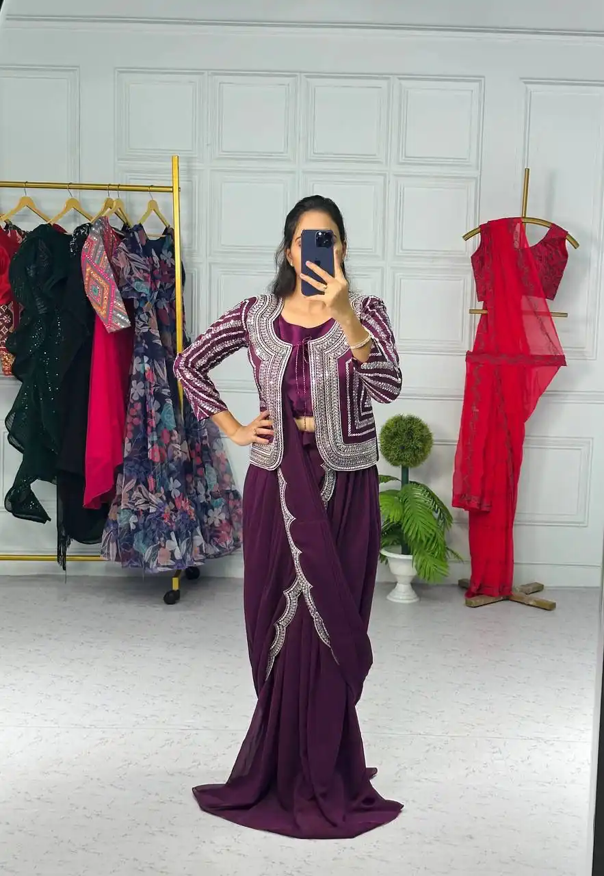 ST 1010 Purple Color Georgette Koti Embroidery Lehenga Saree Casual, Wedding, Party, Festive, Events Etc. Expected Delivery 4-6 Working Days @1099/- | Designer Sarees, Sarees, Bollywood Sarees, Creative Sarees, Embroidered Sarees, Ethnic Saree, Modern Digital sarees, Party Wear Sarees