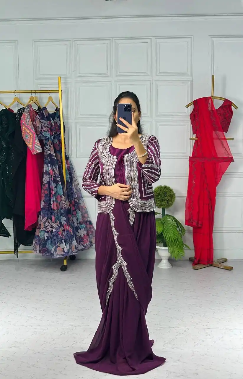 ST 1010 Purple Color Georgette Koti Embroidery Lehenga Saree Casual, Wedding, Party, Festive, Events Etc. Expected Delivery 4-6 Working Days @1099/- | Designer Sarees, Sarees, Bollywood Sarees, Creative Sarees, Embroidered Sarees, Ethnic Saree, Modern Digital sarees, Party Wear Sarees