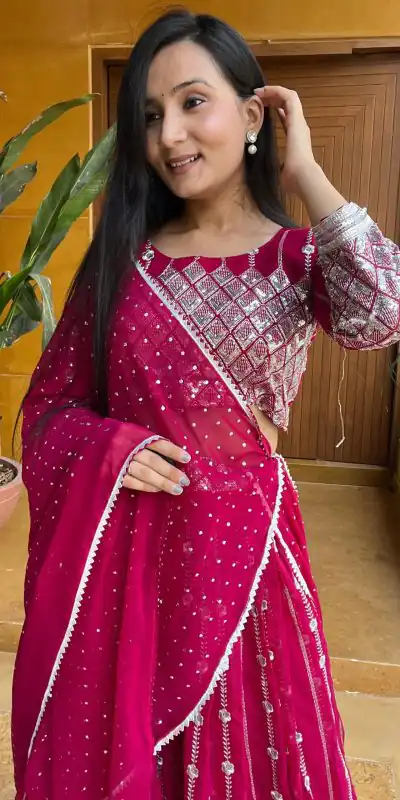 Ram 001 Rani Color Georgette Sequence Thread Work With Zari Lehenga Choli Casual, Wedding, Festive, Events Expected Delivery 4-6 Working Days @2949/- | Lehenga, Bollywood Lehenga, Creative Lehenga, Designer Lehenga, Embroidered Lehenga, Party Wear Lehenga