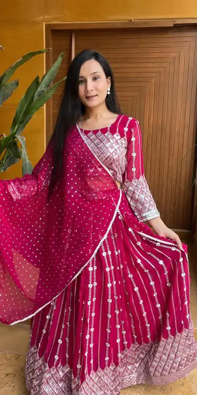 Ram 001 Rani Color Georgette Sequence Thread Work With Zari Lehenga Choli Casual, Wedding, Festive, Events Expected Delivery 4-6 Working Days @2949/- | Lehenga, Bollywood Lehenga, Creative Lehenga, Designer Lehenga, Embroidered Lehenga, Party Wear Lehenga