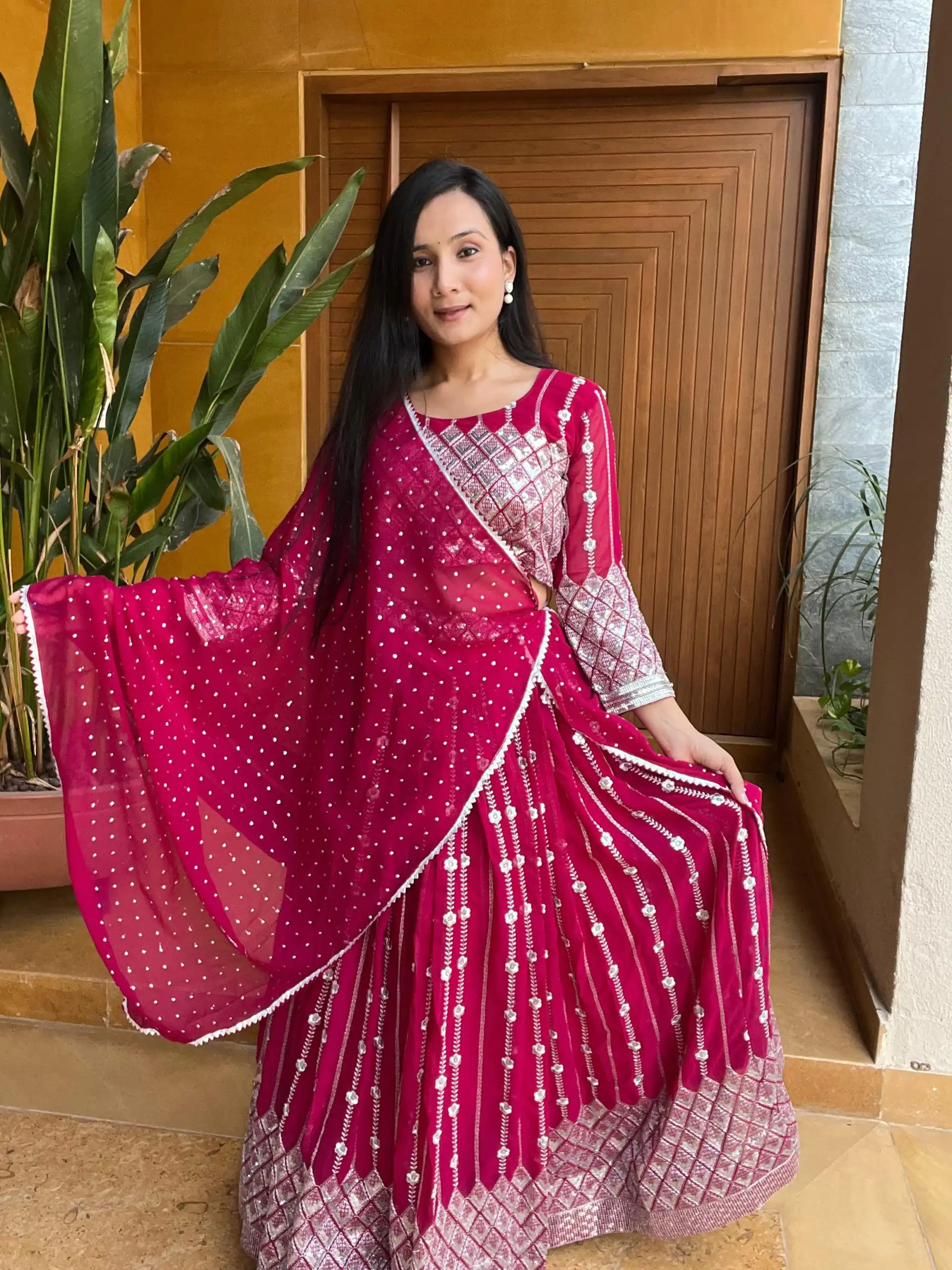 Ram 001 Rani Color Georgette Sequence Thread Work With Zari Lehenga Choli Casual, Wedding, Festive, Events Expected Delivery 4-6 Working Days @2949/- | Lehenga, Bollywood Lehenga, Creative Lehenga, Designer Lehenga, Embroidered Lehenga, Party Wear Lehenga