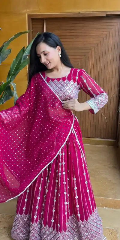 Ram 001 Rani Color Georgette Sequence Thread Work With Zari Lehenga Choli Casual, Wedding, Festive, Events Expected Delivery 4-6 Working Days @2949/- | Lehenga, Bollywood Lehenga, Creative Lehenga, Designer Lehenga, Embroidered Lehenga, Party Wear Lehenga