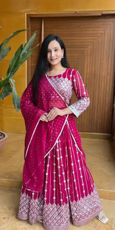 Ram 001 Rani Color Georgette Sequence Thread Work With Zari Lehenga Choli Casual, Wedding, Festive, Events Expected Delivery 4-6 Working Days @2949/- | Lehenga, Bollywood Lehenga, Creative Lehenga, Designer Lehenga, Embroidered Lehenga, Party Wear Lehenga