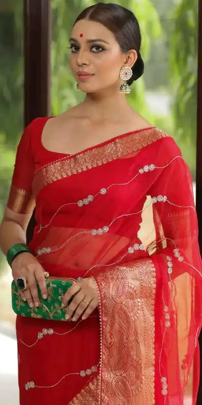 MS Kora Red Color Organza Sequins Lehriya Embroidery Saree Casual, Party Wear, Wedding, Events, Etc. Expected Delivery 4-6 Working Days 1599/- | Designer Sarees, Sarees, Bollywood Sarees, Creative Sarees, Embroidered Sarees, Ethnic Saree, Modern Digital sarees, Party Wear Sarees