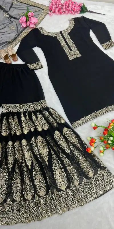 SR 1529 Black Color Heavy Georgette Embroidery Sequence Sharara Suit Wedding, Party, Festive, Events Etc. Expected Delivery 4-6 Working Days @2099/- | Salwar suit, Casual Suits, Creative suits, Designer Suits, Palazzo Suits, Party Wear Suits, Straight Suits