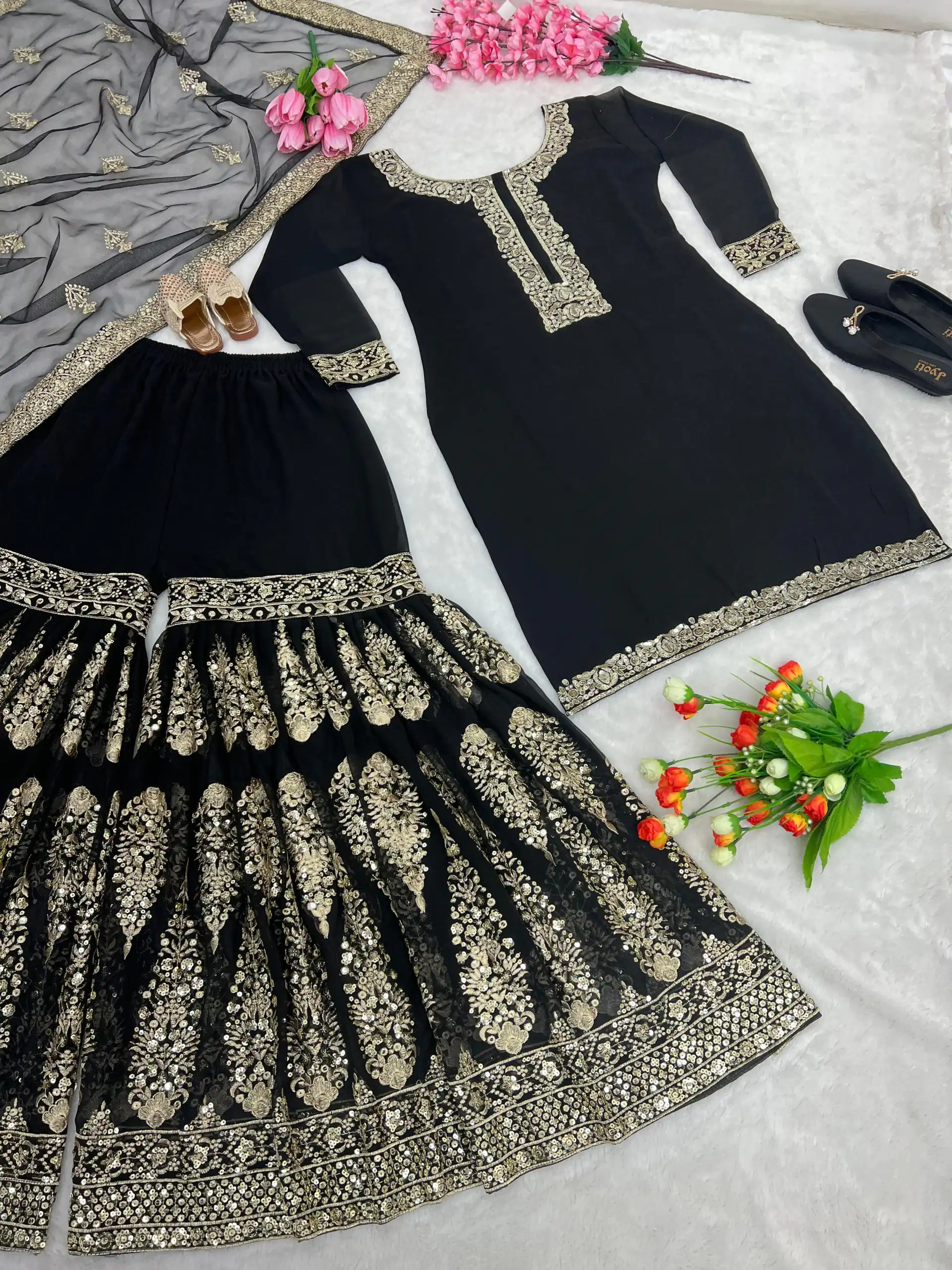 SR 1529 Black Color Heavy Georgette Embroidery Sequence Sharara Suit Wedding, Party, Festive, Events Etc. Expected Delivery 4-6 Working Days @2099/- | Salwar suit, Casual Suits, Creative suits, Designer Suits, Palazzo Suits, Party Wear Suits, Straight Suits
