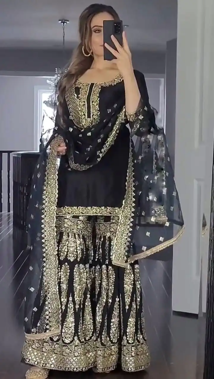 SR 1529 Black Color Heavy Georgette Embroidery Sequence Sharara Suit Wedding, Party, Festive, Events Etc. Expected Delivery 4-6 Working Days @2099/- | Salwar suit, Casual Suits, Creative suits, Designer Suits, Palazzo Suits, Party Wear Suits, Straight Suits