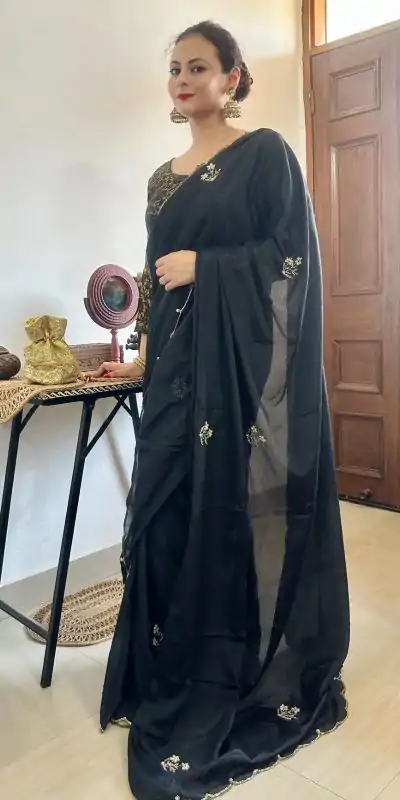   AC BEAUTY Black Color Soft Chinnon Hand Work Flower Design Saree Casual, Wedding, Festive, Events Expected Delivery 4-6 Working Days @2449/- | Designer Sarees, Sarees, Bollywood Sarees, Creative Sarees, Embroidered Sarees, Ethnic Saree, Modern Digital sarees, Party Wear Sarees