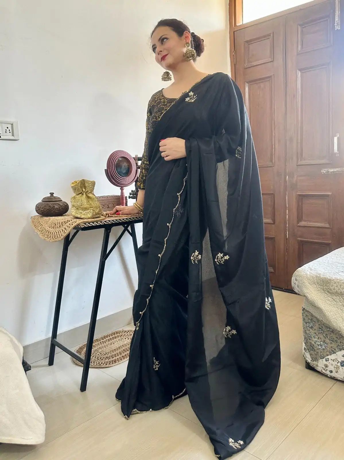   AC BEAUTY Black Color Soft Chinnon Hand Work Flower Design Saree Casual, Wedding, Festive, Events Expected Delivery 4-6 Working Days @2449/- | Designer Sarees, Sarees, Bollywood Sarees, Creative Sarees, Embroidered Sarees, Ethnic Saree, Modern Digital sarees, Party Wear Sarees