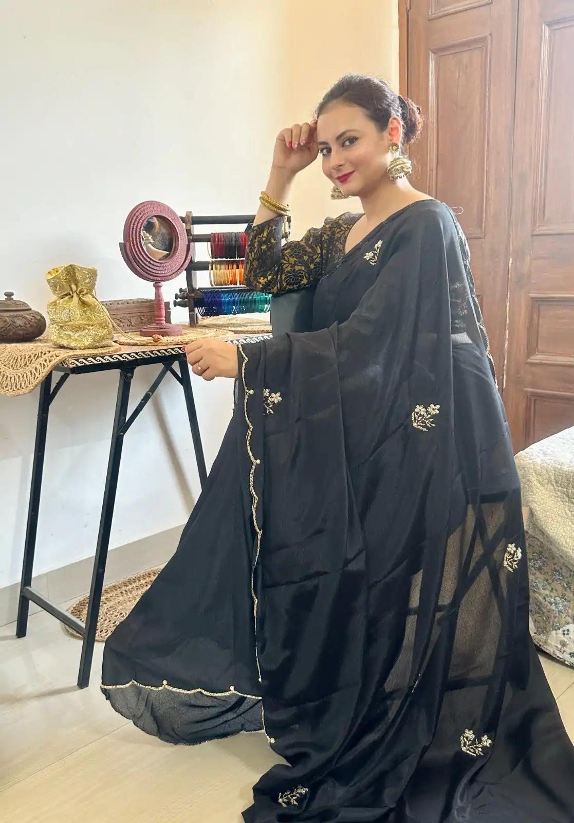   AC BEAUTY Black Color Soft Chinnon Hand Work Flower Design Saree Casual, Wedding, Festive, Events Expected Delivery 4-6 Working Days @2449/- | Designer Sarees, Sarees, Bollywood Sarees, Creative Sarees, Embroidered Sarees, Ethnic Saree, Modern Digital sarees, Party Wear Sarees