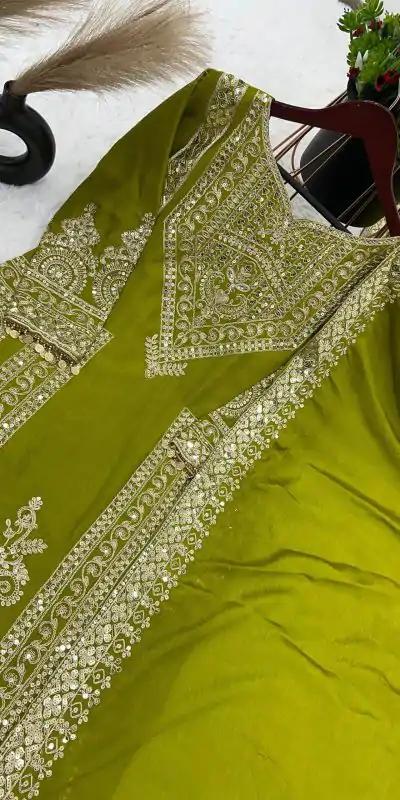 NSR 805 Green Color Pure Chinnon Silk Embroidery Coding Salwar Suit Casual, Party Festive, Events Etc. Expected Delivery 4-6 Working Days @2149/- | Jump Suits, Salwar suit, Casual Suits, Creative suits, Designer Suits, Palazzo Suits, Party Wear Suits, Patiala Suits, Straight Suits