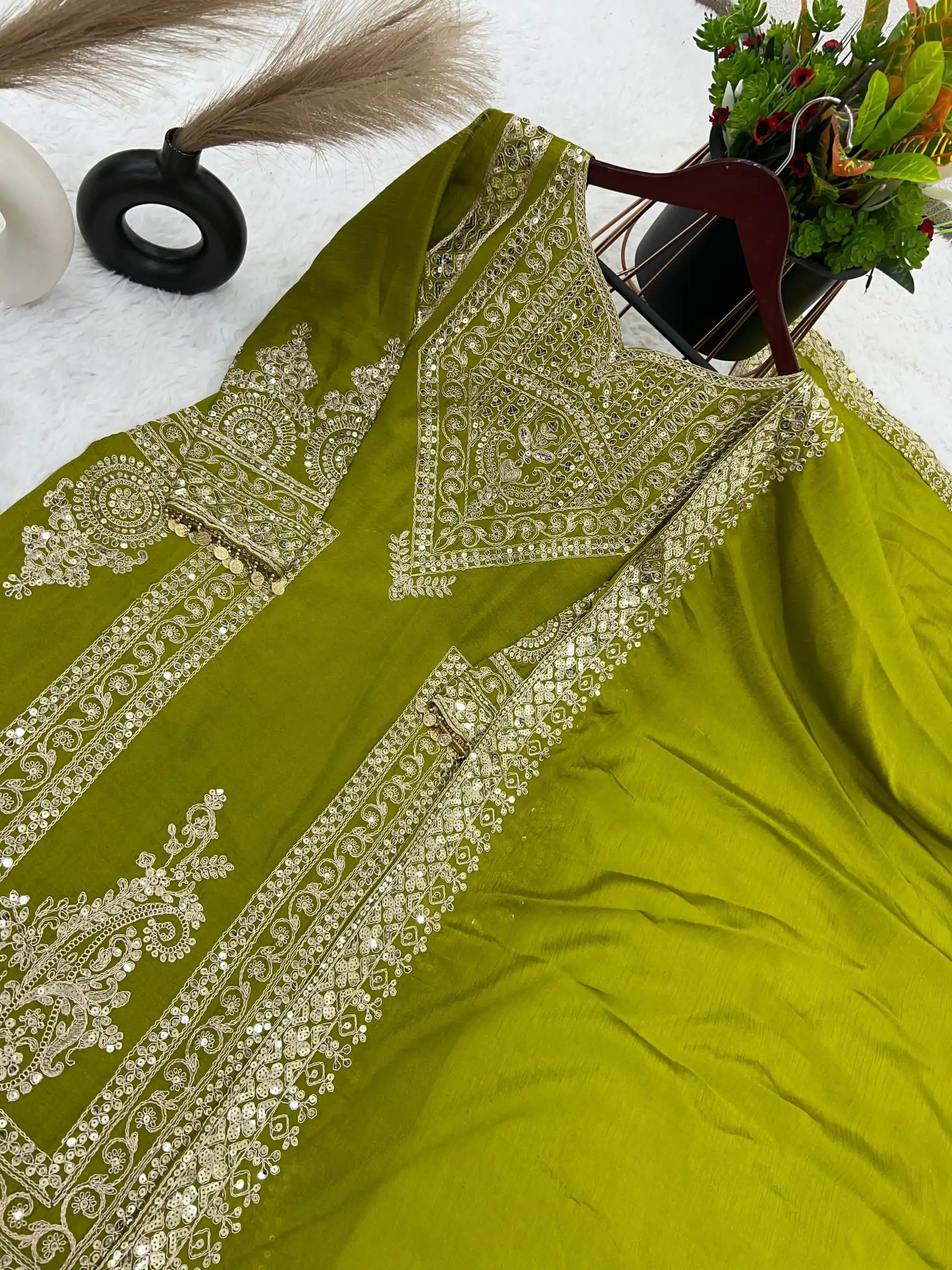 NSR 805 Green Color Pure Chinnon Silk Embroidery Coding Salwar Suit Casual, Party Festive, Events Etc. Expected Delivery 4-6 Working Days @2149/- | Jump Suits, Salwar suit, Casual Suits, Creative suits, Designer Suits, Palazzo Suits, Party Wear Suits, Patiala Suits, Straight Suits