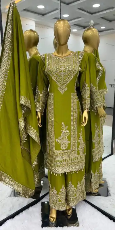 NSR 805 Green Color Pure Chinnon Silk Embroidery Coding Salwar Suit Casual, Party Festive, Events Etc. Expected Delivery 4-6 Working Days @2149/- | Jump Suits, Salwar suit, Casual Suits, Creative suits, Designer Suits, Palazzo Suits, Party Wear Suits, Patiala Suits, Straight Suits