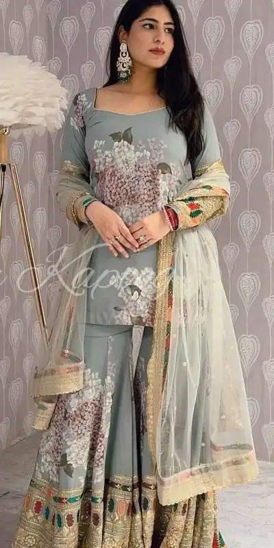 SR 1618 Grey Color Heavy Chinnon Silk Embroidery Work Sharara Suit Wedding, Party, Festive, Events Etc. Expected Delivery 4-6 Working Days @2149 | Salwar suit, Casual Suits, Creative suits, Designer Suits, Palazzo Suits, Party Wear Suits, Straight Suits