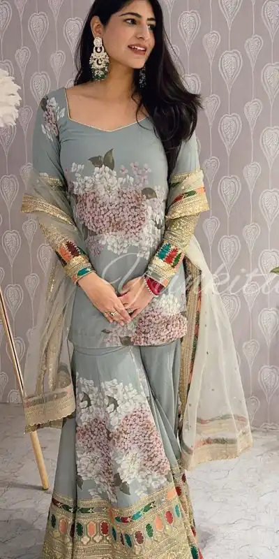 SR 1618 Grey Color Heavy Chinnon Silk Embroidery Work Sharara Suit Wedding, Party, Festive, Events Etc. Expected Delivery 4-6 Working Days @2149 | Salwar suit, Casual Suits, Creative suits, Designer Suits, Palazzo Suits, Party Wear Suits, Straight Suits