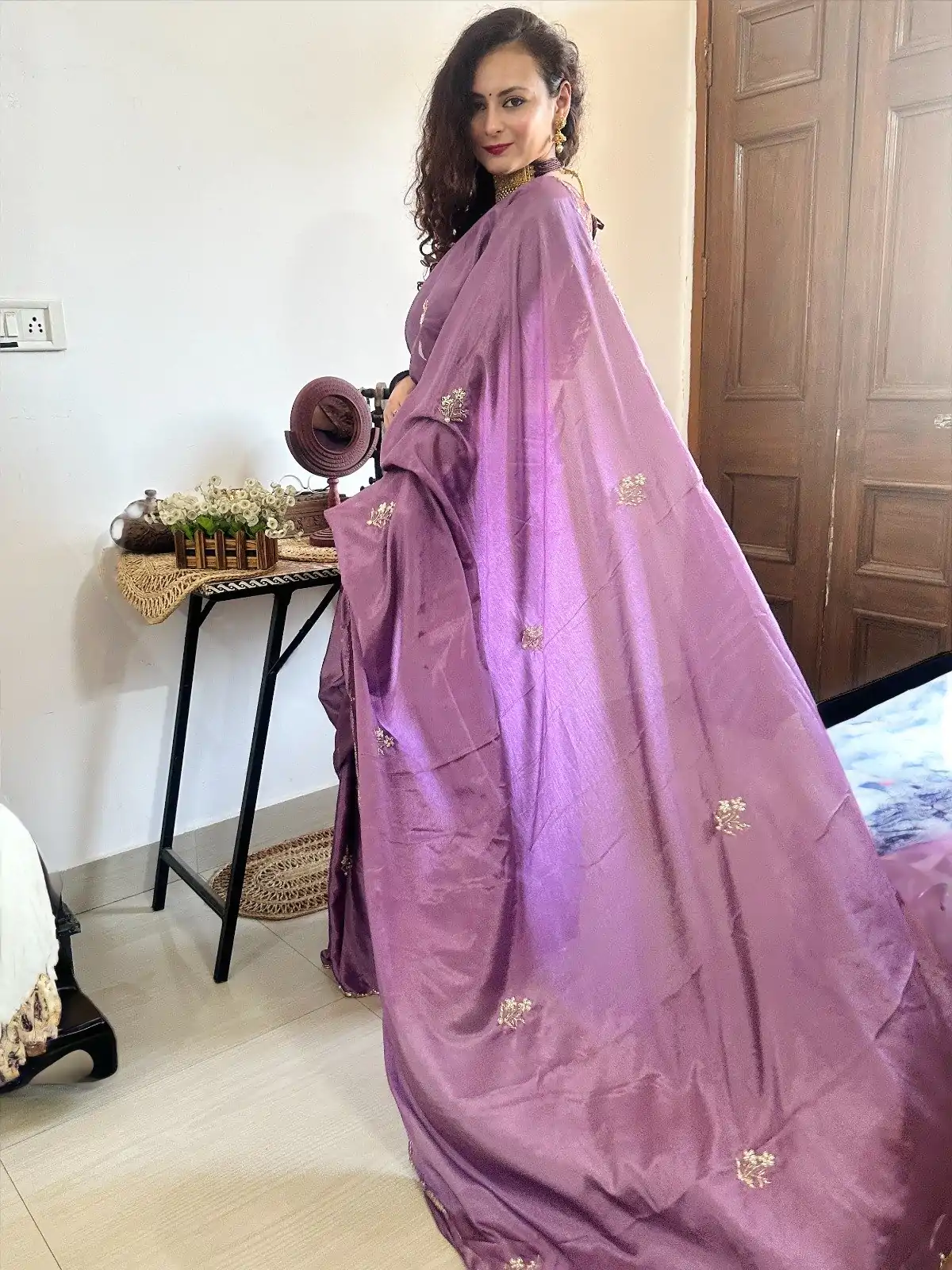   AC BEAUTY Purple Color Soft Chinnon Hand Work Flower Design Saree Casual, Wedding, Festive, Events Expected Delivery 4-6 Working Days @2449/- | Designer Sarees, Sarees, Bollywood Sarees, Creative Sarees, Embroidered Sarees, Ethnic Saree, Modern Digital sarees, Party Wear Sarees