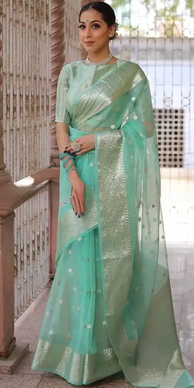 MS 440 Turquoise Color Organza Jacquard Butti Worked Saree Casual, Party Wear, Wedding, Events, Etc. Expected Delivery 4-6 Working Days 1449/- | Designer Sarees, Sarees, Bollywood Sarees, Creative Sarees, Embroidered Sarees, Ethnic Saree, Modern Digital sarees, Party Wear Sarees