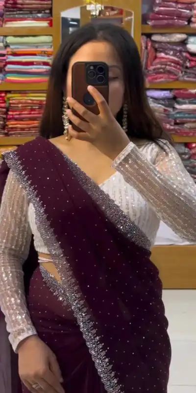 DDH MEERA DAIMAND Wine Color Georgette Shining Diamond Work All Over Saree Events Casual, Festive, Events Etc. Expected Delivery  4-6 Working Days @1599/- | Designer Sarees, Sarees, Bollywood Sarees, Creative Sarees, Embroidered Sarees, Ethnic Saree, Modern Digital sarees, Party Wear Sarees