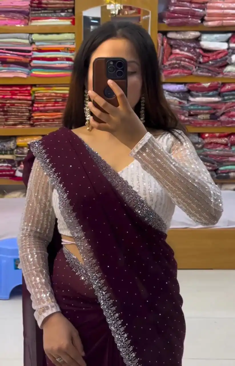 DDH MEERA DAIMAND Wine Color Georgette Shining Diamond Work All Over Saree Events Casual, Festive, Events Etc. Expected Delivery  4-6 Working Days @1599/- | Designer Sarees, Sarees, Bollywood Sarees, Creative Sarees, Embroidered Sarees, Ethnic Saree, Modern Digital sarees, Party Wear Sarees