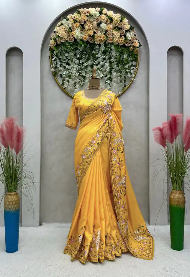 KD 476 Yellow Color Dola silk Thread Sequence Saree Casual, Party Wear, Wedding, Events Etc. Expected Delivery 4-6 Working Days @1999/- | Designer Sarees, Sarees, Bollywood Sarees, Creative Sarees, Embroidered Sarees, Ethnic Saree, Modern Digital sarees, Party Wear Sarees