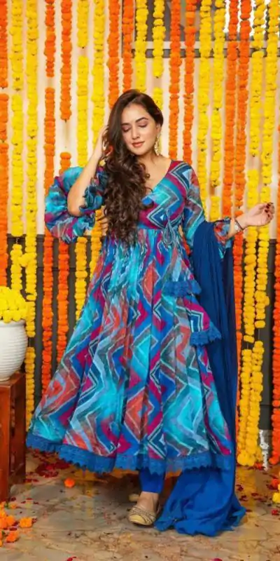 DC G33 Blue Color Chiffon Digital Prints Embroidery Gown Casual, Wedding, Party, Festive, Events Etc. Expected Delivery 4-6 Working Days @2099/- | Gowns, Bollywood Gowns, Creative Gowns, Designer Gowns, Embroidered Gowns, Party Wear Gowns