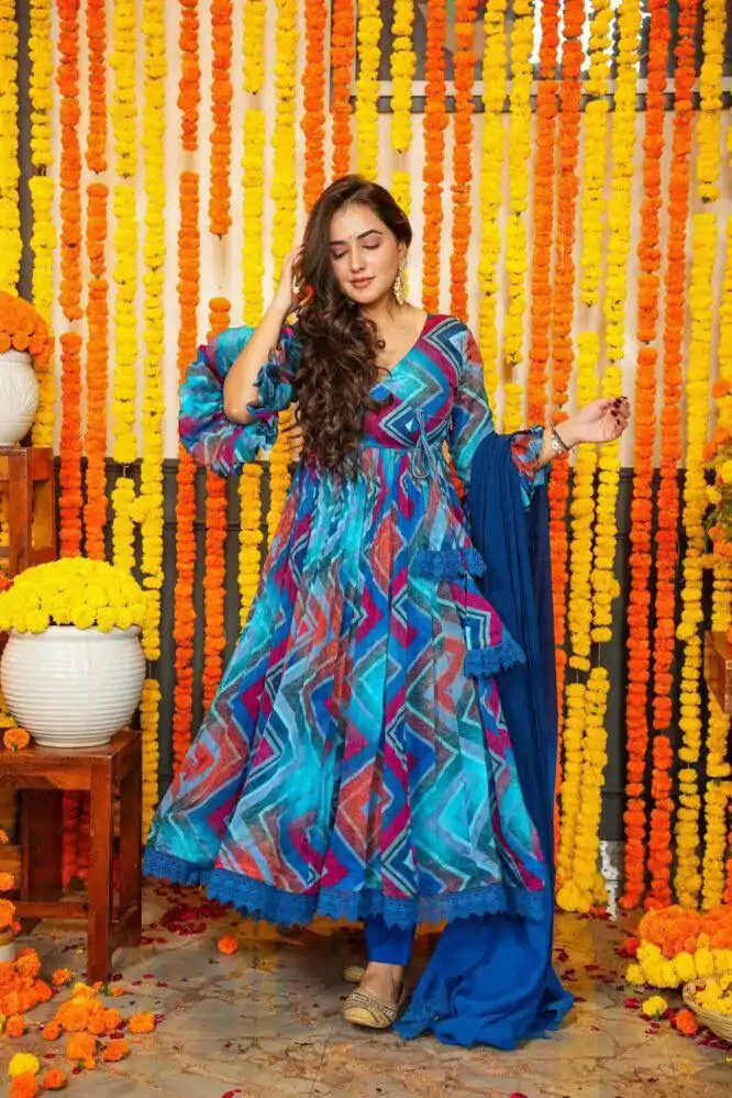DC G33 Blue Color Chiffon Digital Prints Embroidery Gown Casual, Wedding, Party, Festive, Events Etc. Expected Delivery 4-6 Working Days @2099/- | Gowns, Bollywood Gowns, Creative Gowns, Designer Gowns, Embroidered Gowns, Party Wear Gowns