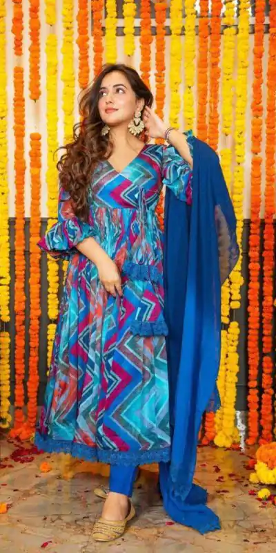 DC G33 Blue Color Chiffon Digital Prints Embroidery Gown Casual, Wedding, Party, Festive, Events Etc. Expected Delivery 4-6 Working Days @2099/- | Gowns, Bollywood Gowns, Creative Gowns, Designer Gowns, Embroidered Gowns, Party Wear Gowns