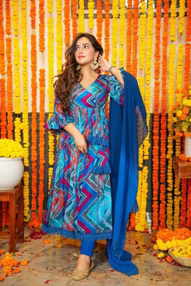 DC G33 Blue Color Chiffon Digital Prints Embroidery Gown Casual, Wedding, Party, Festive, Events Etc. Expected Delivery 4-6 Working Days @2099/- | Gowns, Bollywood Gowns, Creative Gowns, Designer Gowns, Embroidered Gowns, Party Wear Gowns