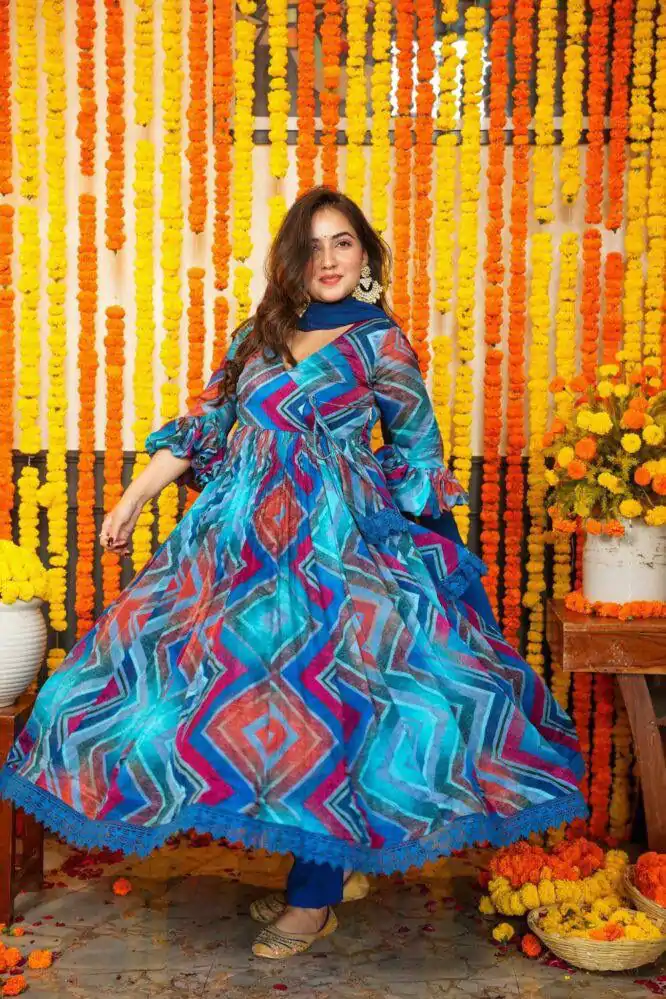DC G33 Blue Color Chiffon Digital Prints Embroidery Gown Casual, Wedding, Party, Festive, Events Etc. Expected Delivery 4-6 Working Days @2099/- | Gowns, Bollywood Gowns, Creative Gowns, Designer Gowns, Embroidered Gowns, Party Wear Gowns