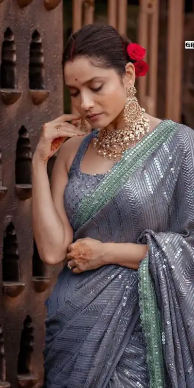 DF 3268 Grey Color Georgette Beautiful Embroidery Saree Casual, Party Wear, Wedding, Events Etc Delivery Expected.4-6 Working Days 1749/ | Designer Sarees, Sarees, Bollywood Sarees, Creative Sarees, Embroidered Sarees, Ethnic Saree, Modern Digital sarees, Party Wear Sarees