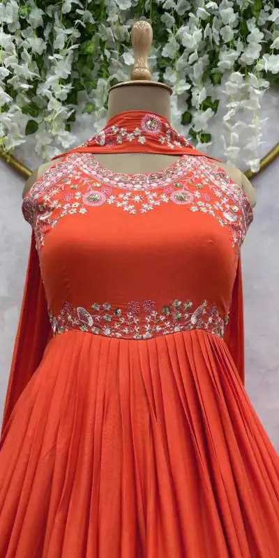 RTC 5686 Orange Color Maslin silk Thread Work Anarkali Suit Casual, Wedding, Party, Festive, Events. Expected Delivery 4-6 Working Days @1949/- | Anarkali Suits, Bollywood Anarkali, Creative-Anarkali, Designer Anarkali, Embroidered Anarkali, Party Wear Anarkali