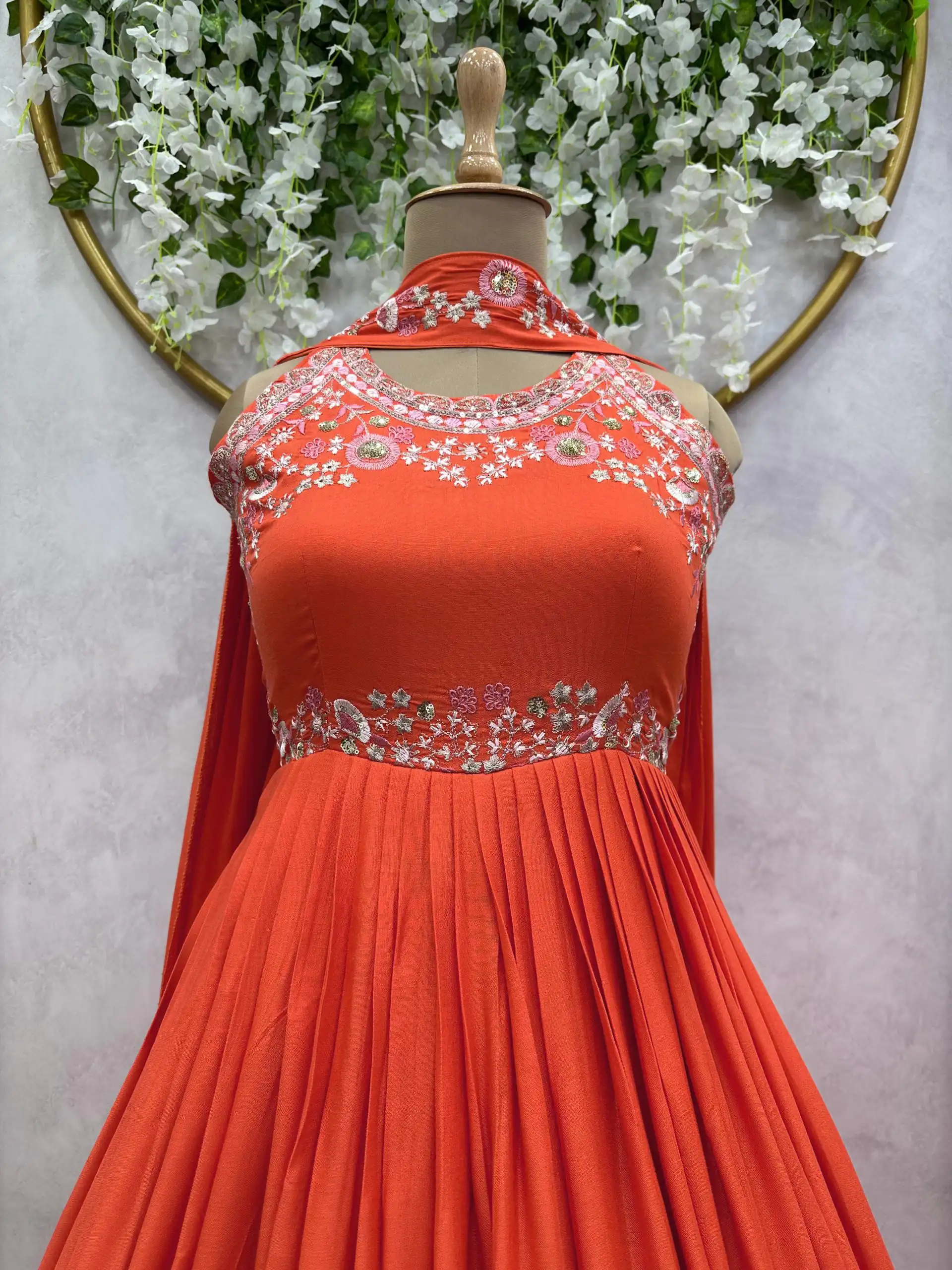 RTC 5686 Orange  Color Maslin silk Thread Work Anarkali Suit Casual, Wedding, Party, Festive, Events. Expected Delivery 4-6 Working Days @1949/- | Anarkali Suits, Bollywood Anarkali, Creative-Anarkali, Designer Anarkali, Embroidered Anarkali, Party Wear Anarkali