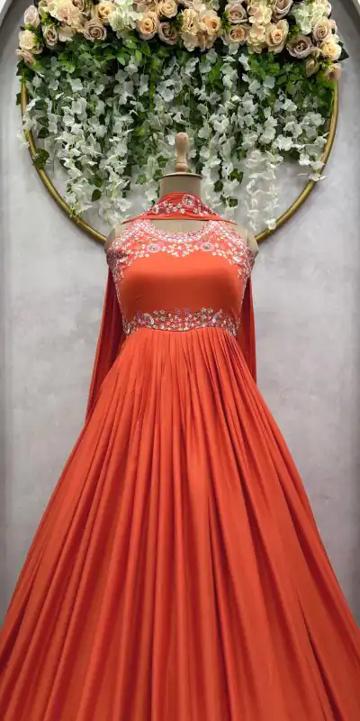 RTC 5686 Orange Color Maslin silk Thread Work Anarkali Suit Casual, Wedding, Party, Festive, Events. Expected Delivery 4-6 Working Days @1949/- | Anarkali Suits, Bollywood Anarkali, Creative-Anarkali, Designer Anarkali, Embroidered Anarkali, Party Wear Anarkali